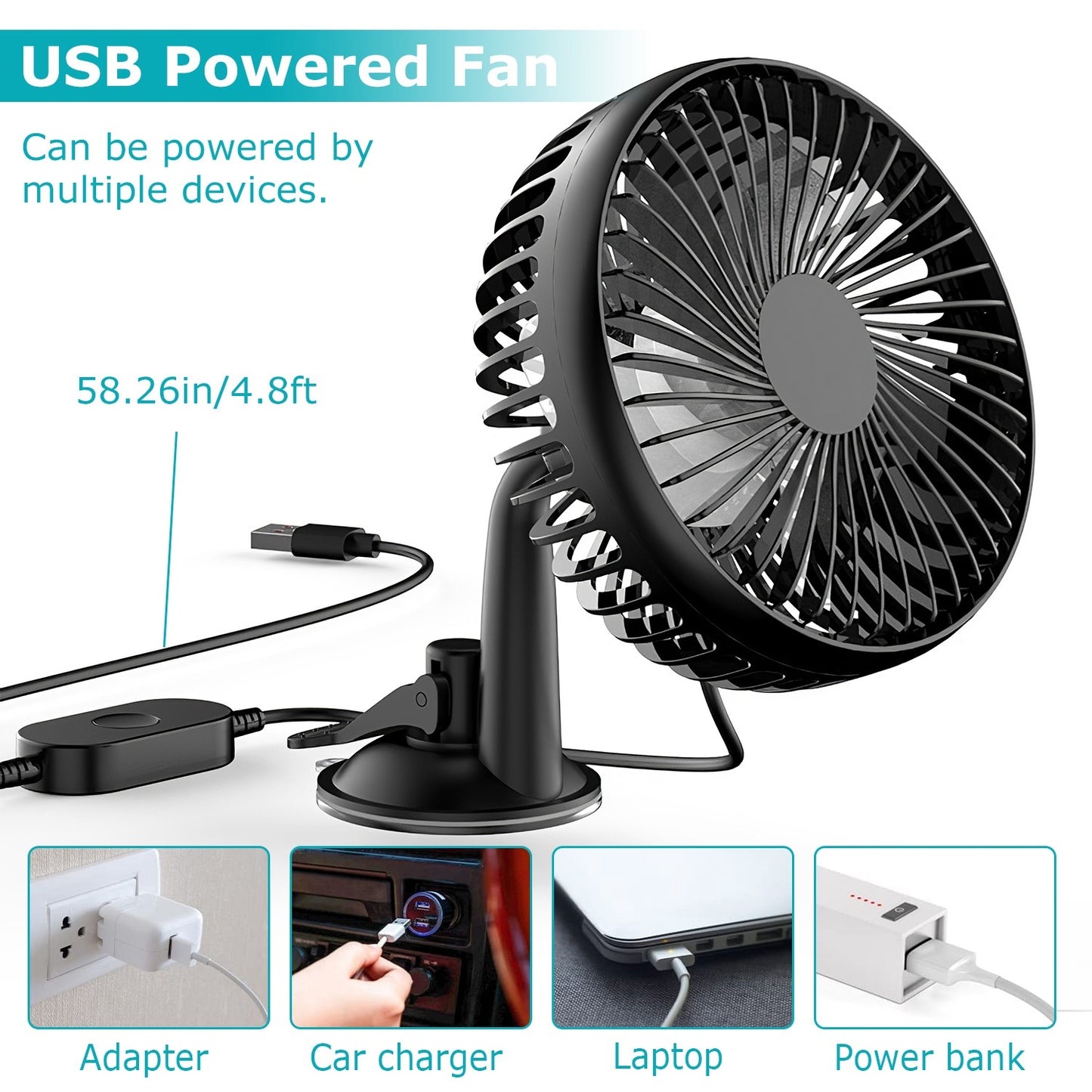 1Pc Car Cooling Fan Portable Rotatable USB Vehicle Fan Backseat Clip Fan Dashboard Window Suction Fan For SUV RV Pickup With 3 Speeds