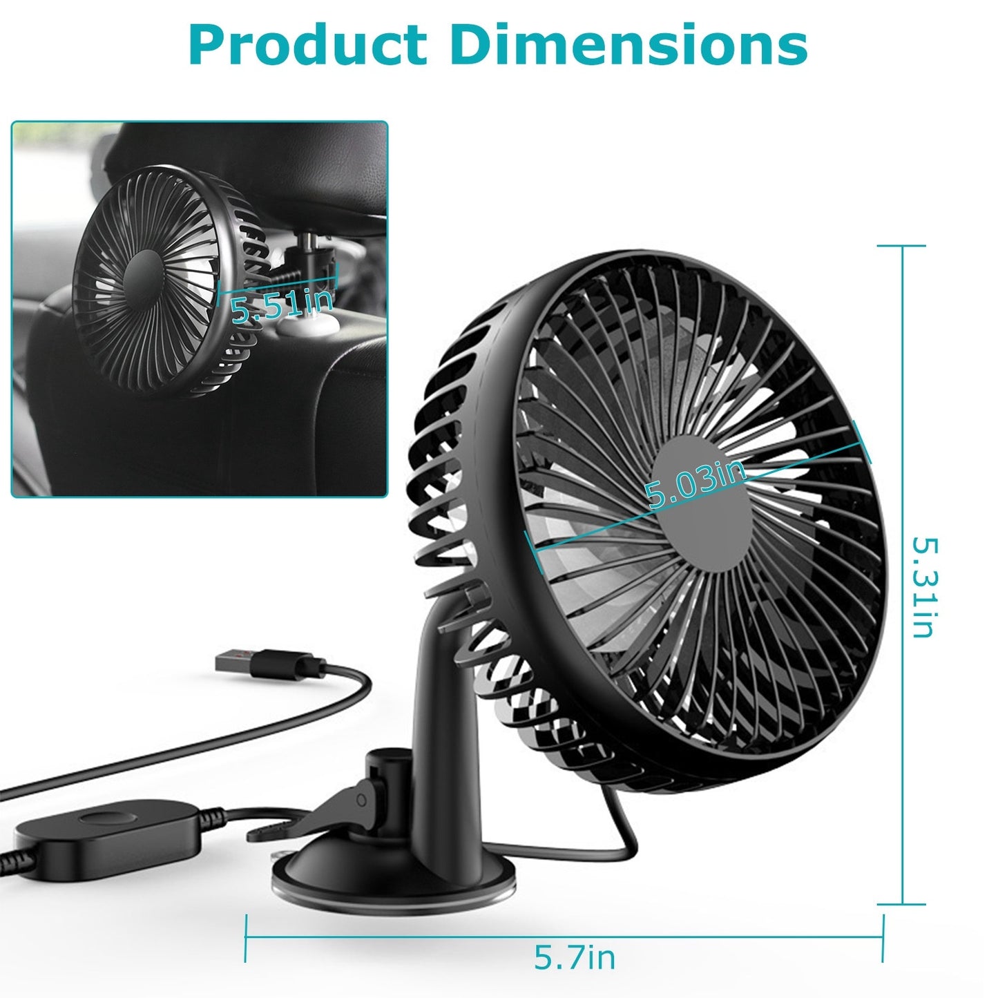 1Pc Car Cooling Fan Portable Rotatable USB Vehicle Fan Backseat Clip Fan Dashboard Window Suction Fan For SUV RV Pickup With 3 Speeds